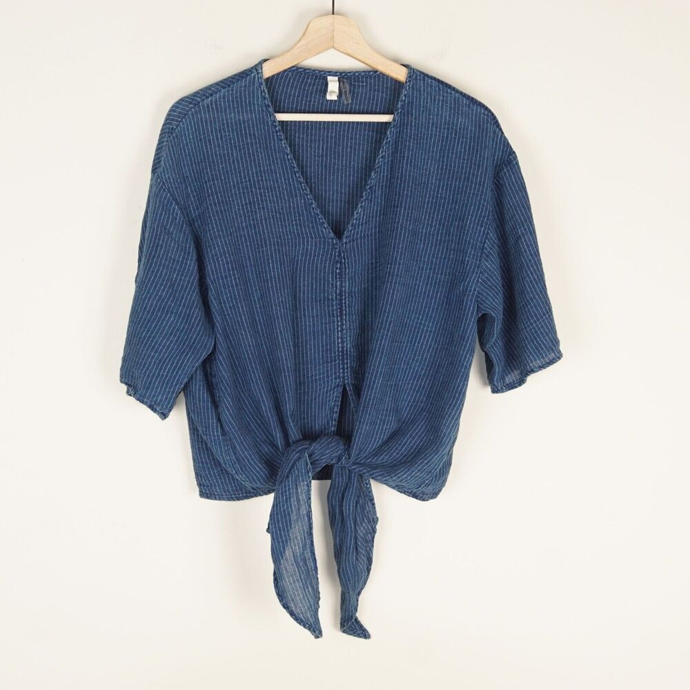 Elan Cotton Striped Chambray Front Tie V Neck Top Womens Sz S